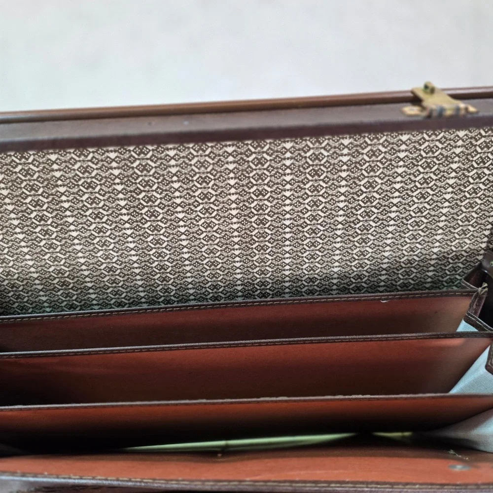 Vintage Hard Shell Leather Attache Briefcase Brown Unique Inner Flap-Lid Brass